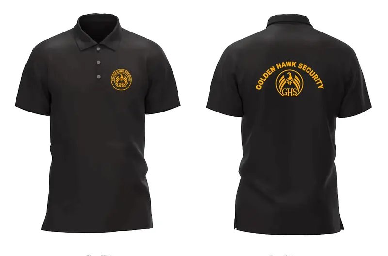 Black Golden Hawk Security uniform polo shirt, front with GHS emblem and back with the words Golden Hawk Security