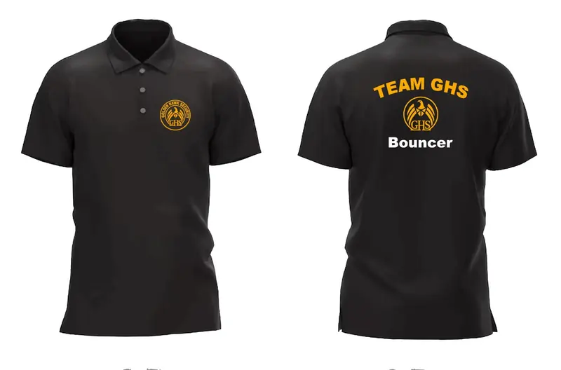Black polo shirt with the GHS emblem on the chest and Team GHS Bouncer on the back
